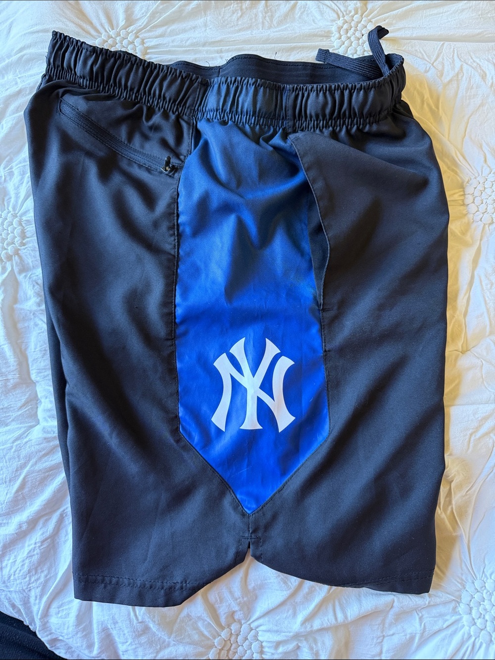 ✅Nike Men's Black Athletic Shorts with Blue Panel and White Yankees & Nike Logos